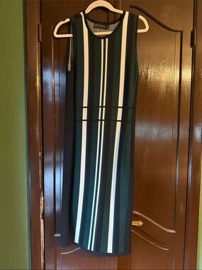 New York & Company Dark Green and White Vertical Stripe Midi Dress
